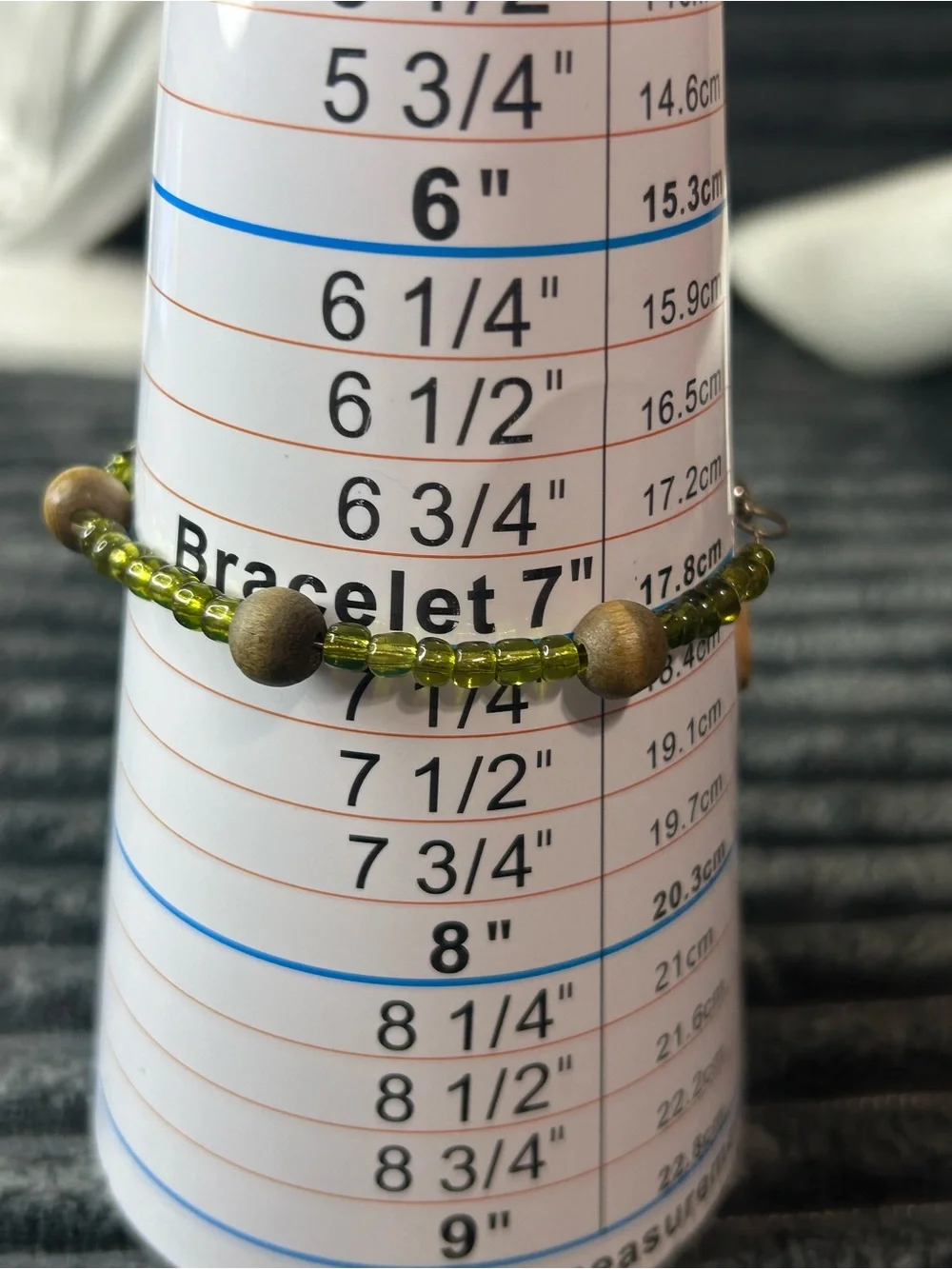 Olive Green Beaded Boho Bracelet with Wood Accents & Floral Cork Charm